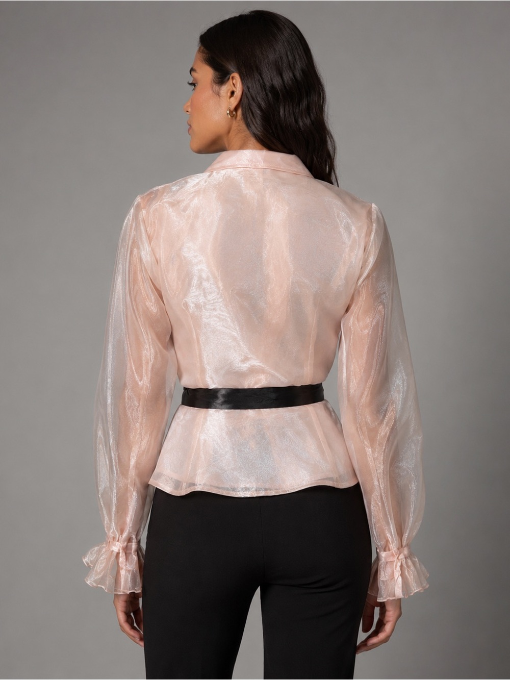 Jessica Howard Pink Sheer Blouse with Black Ribbon - Picture 2 of 3